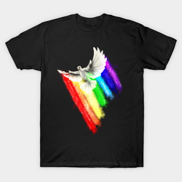 Happy Pidgeon Flying Over an even more Happy Rainbow T-Shirt by AtomicBanana